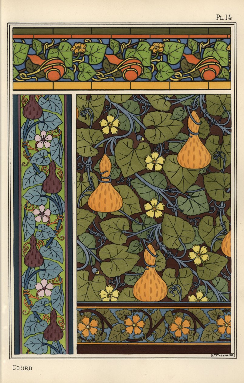 Cabaça em papel de parede, vidro manchado e padrões de tecido de Eugene Grasset