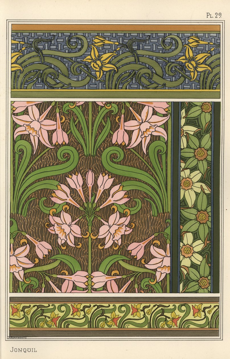 Jonquil, Narcissus jonquilla, como motivo de design em papel de parede e padrões de tecido de Eugene Grasset