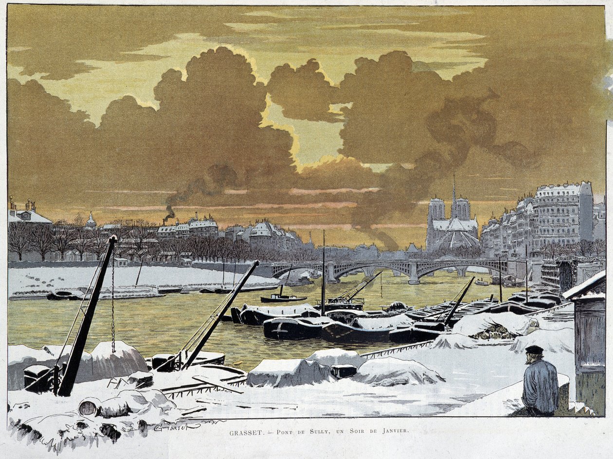 Le pont de Sully, em Paris, neve coberta, uma noite de Janeiro de 1886 - por Grasset de Eugene Grasset