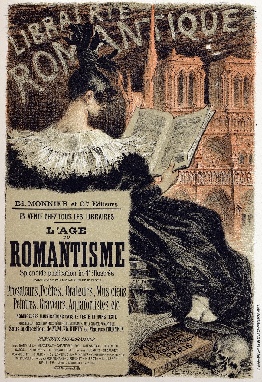 Literatura. Librairie romantique (Livraria Romântica.) Cartaz de Eugene Grasset para o editor Monnier, França, c.1890 Coll. Parte. (cartaz) de Eugene Grasset