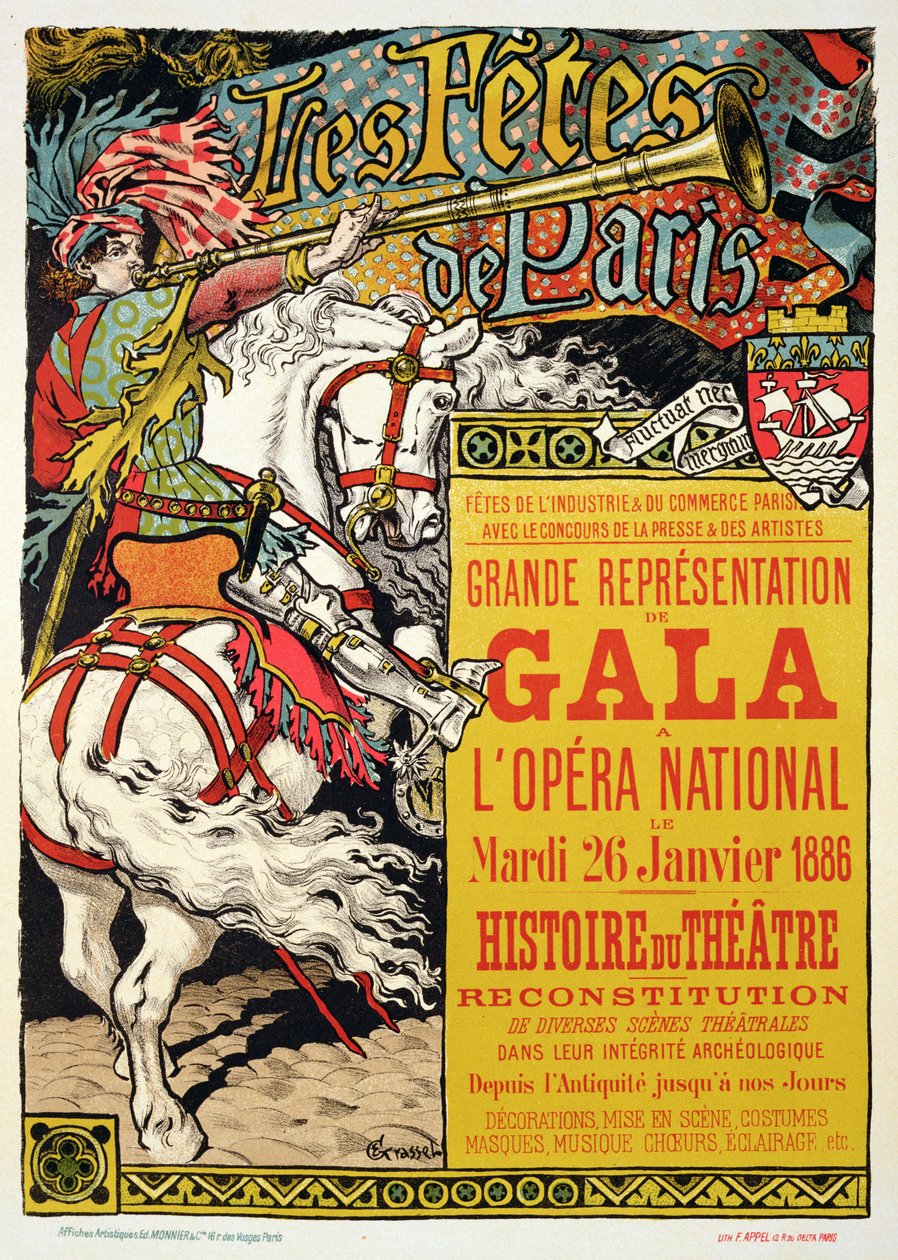 Reprodução de um cartaz publicitário das "Fetes de Paris", na Ópera Nacional, Paris, 1885 de Eugene Grasset