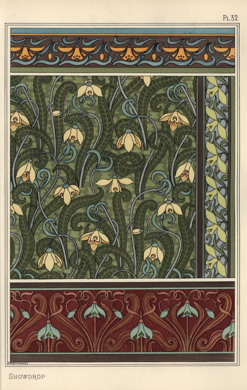 Gota de Neve, Galanthus nivalis, como motivo de design em papel de parede, bordas e tecidos de Eugene Grasset