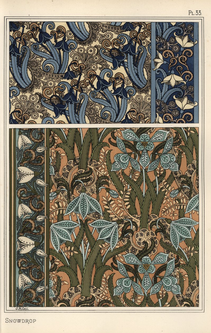 Gota de Neve, Galanthus nivalis, como motivo de design em papel de parede, bordas e tecidos de Eugene Grasset
