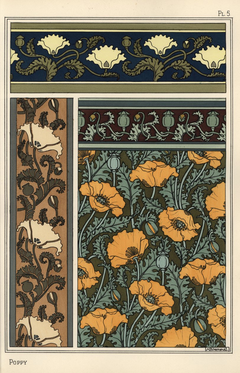 A papoila, Papaver somniferum, em papel de parede e padrões de tecido. Litografia de Verneuil de Eugene Grasset