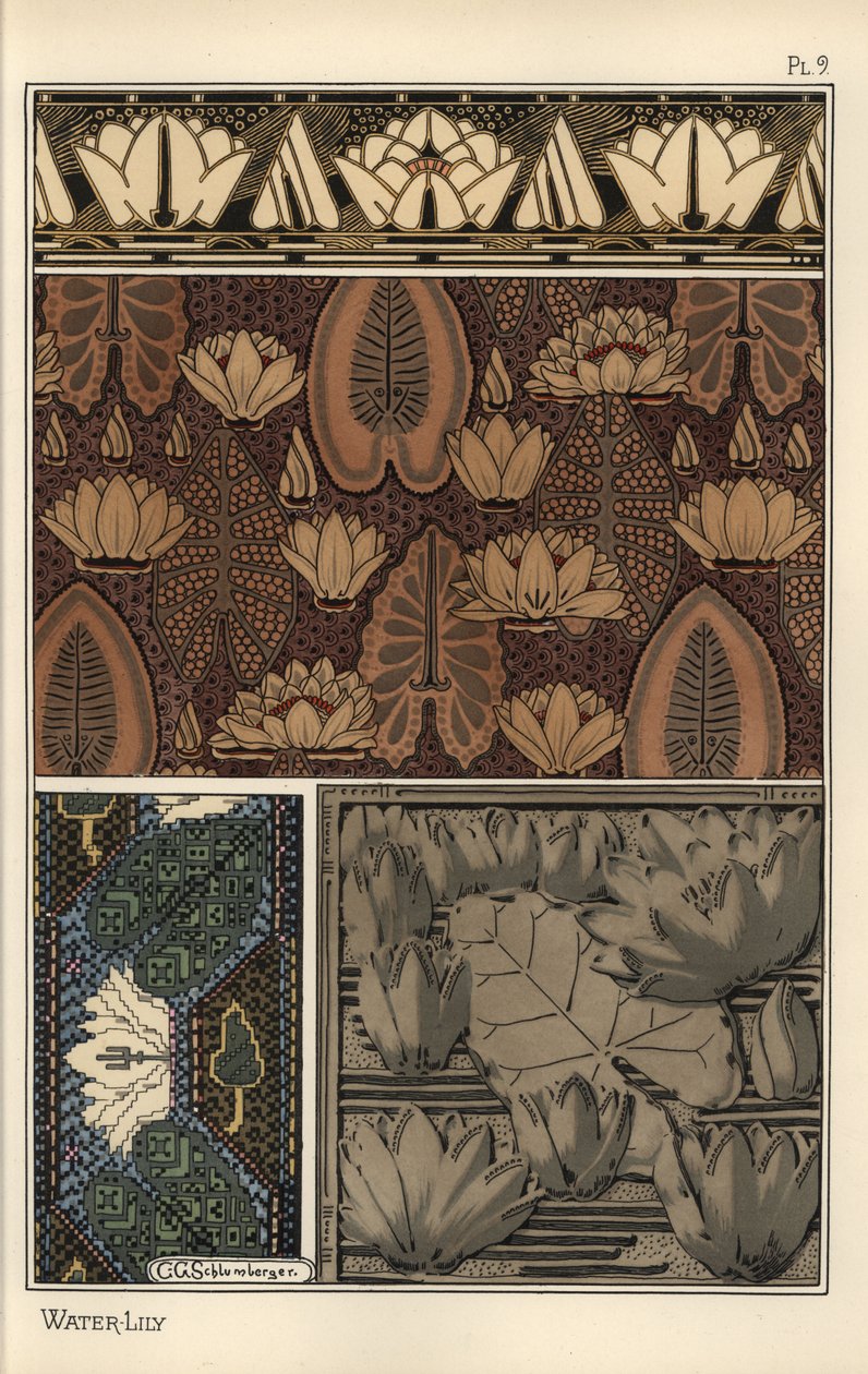 O lírio de água, Nelumbo lutea, em tecido, tapeçaria de ponto cruz e moldes em relevo. Litografia de C. G. Schlumberger de Eugene Grasset
