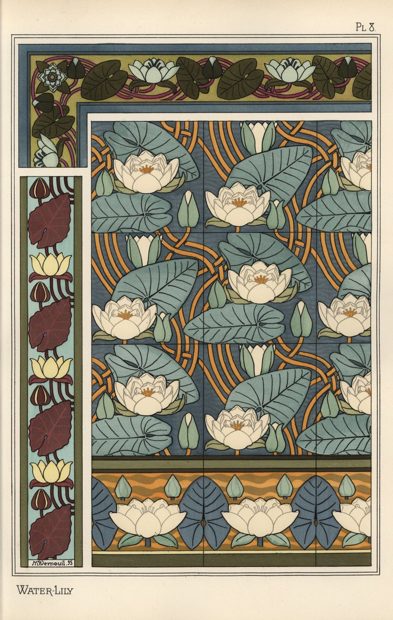 O lírio de água, Nelumbo lutea, em papel de parede e padrões de azulejos de Eugene Grasset