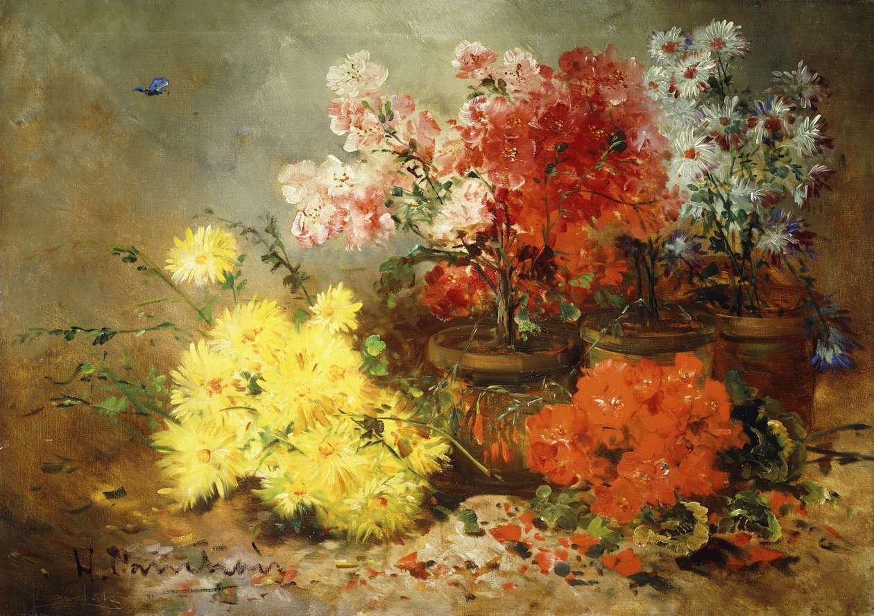 Margaridas, Begônia e outras flores em vasos, de Eugene Henri Cauchois
