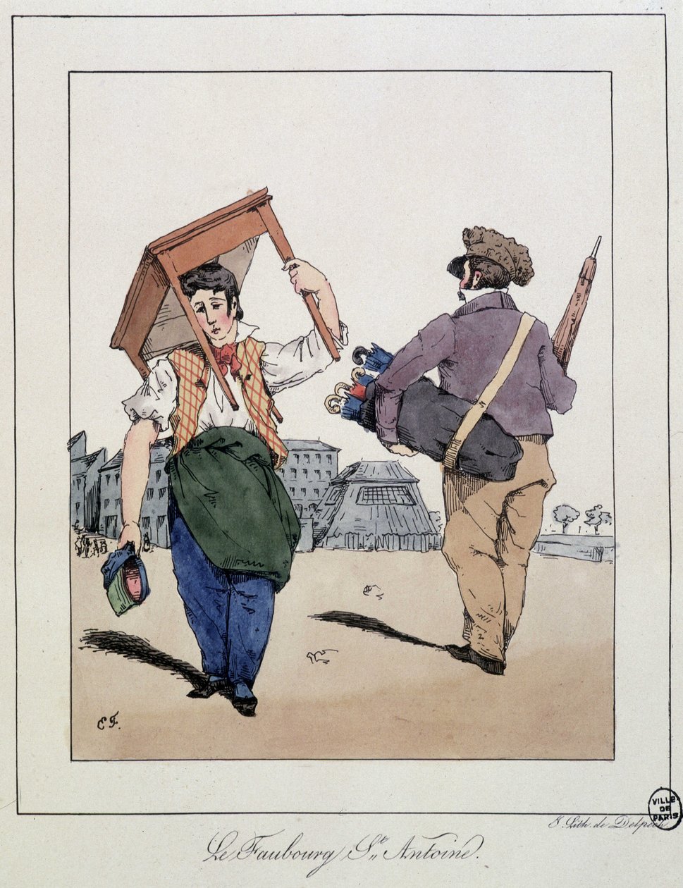 Le faubourg St Antoine: reparador de móveis e comerciante de guarda-chuvas ambulante - in "Souvenirs d