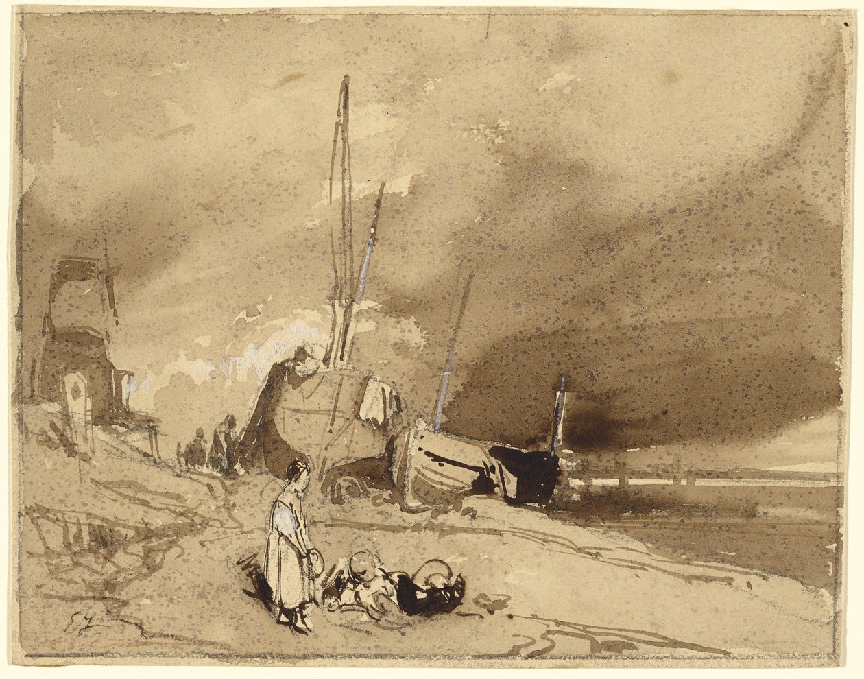 Bord de Plage (Barcos de pesca numa praia, nuvens de tempestade ao longe) de Eugene Isabey