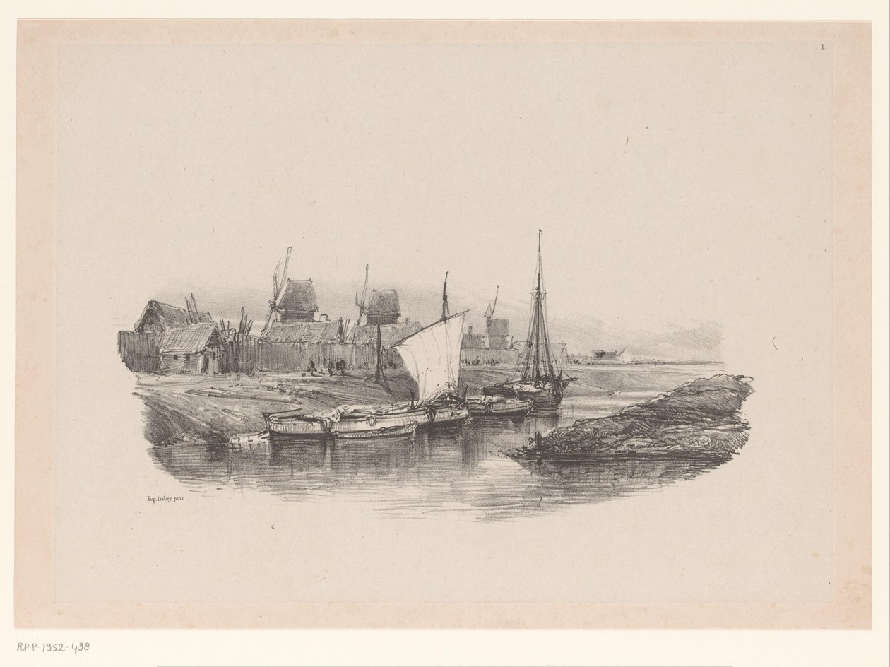 Porto com barcos e moinhos de vento
Bord de Canal
Souvenirs de Eugène Isabey (título da série)
Souvenirs d