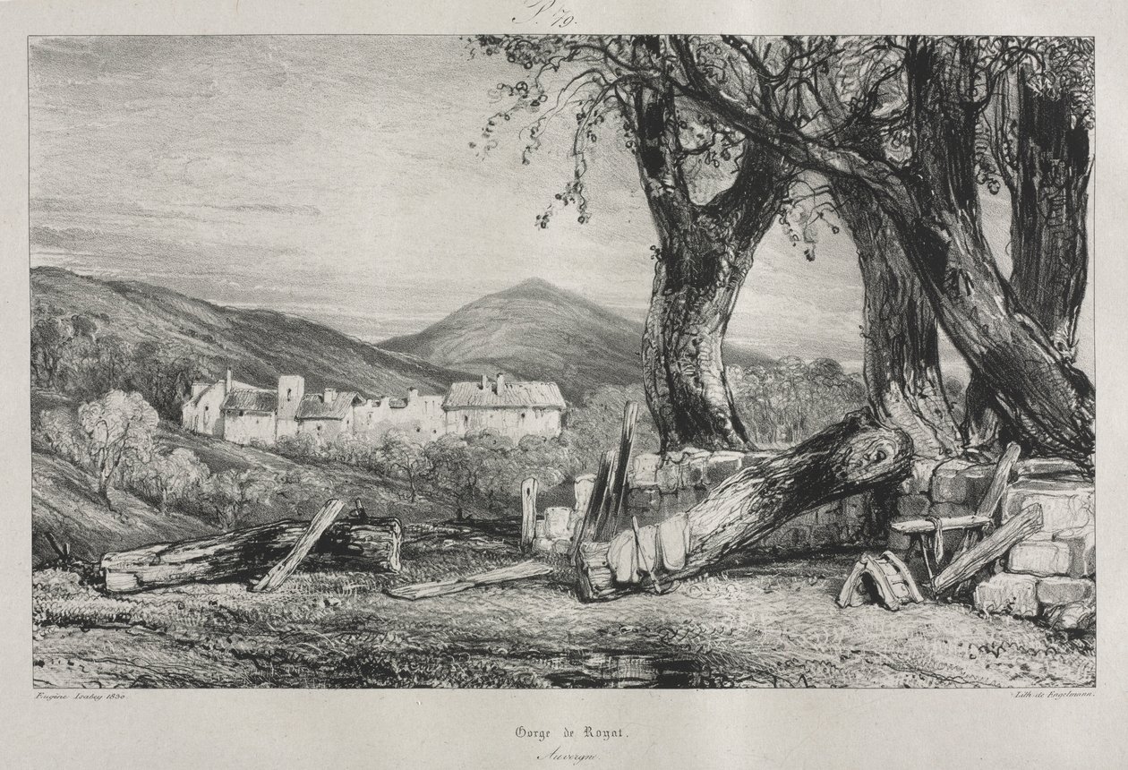 Viagens pitorescas e românticas na Velha França: Auvergne vol. II, desfiladeiro de Royat, placa 79, 1830 de Eugene Isabey