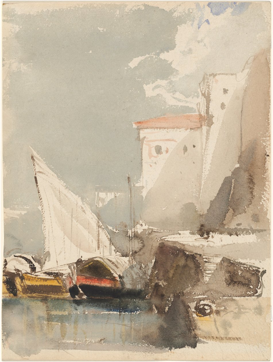 Barcos à vela num porto iluminado pelo sol (recto) de Eugene Isabey