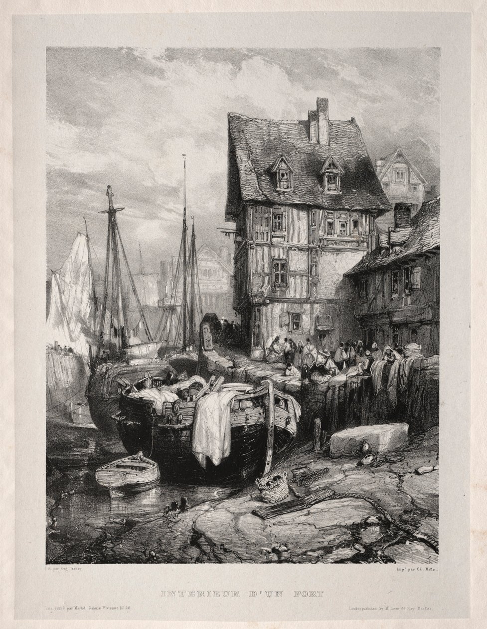 Seis fuzileiros navais: Interior de um porto, 1833. de Eugene Isabey