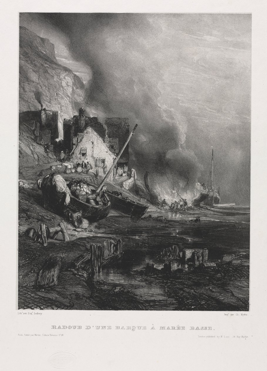 Seis fuzileiros navais: Remontagem de um barco na maré baixa, 1833. de Eugene Isabey