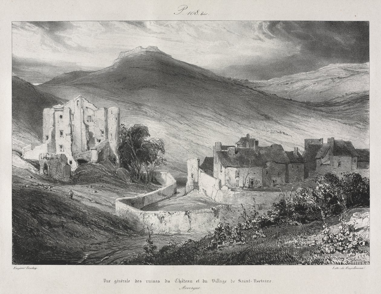 Viagens pitorescas e românticas na França antiga, Auvergne: Ruínas do castelo e vila de Saint Nectaire de Eugene Isabey
