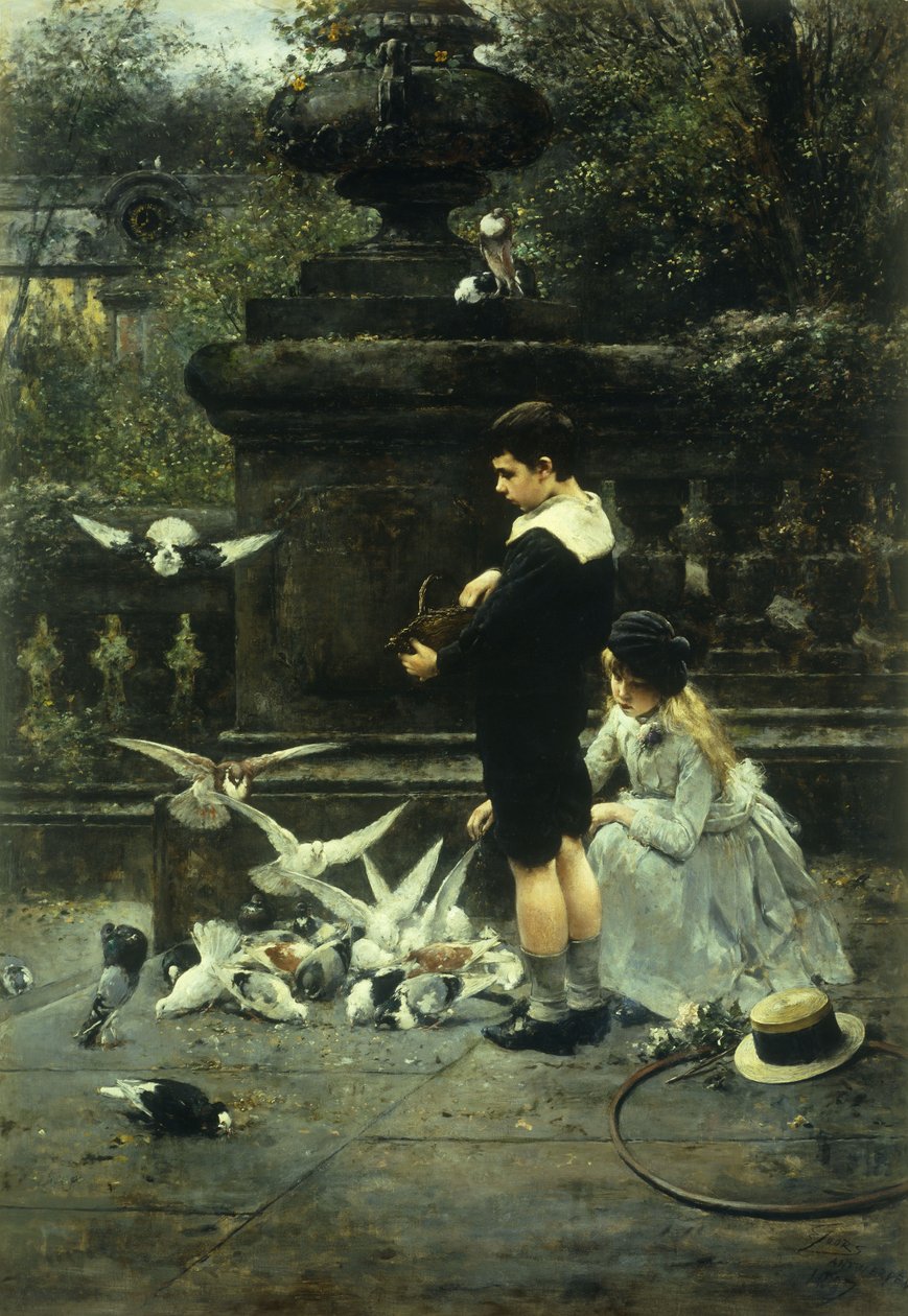 Alimentando os pombos, 1887 de Eugene Joors