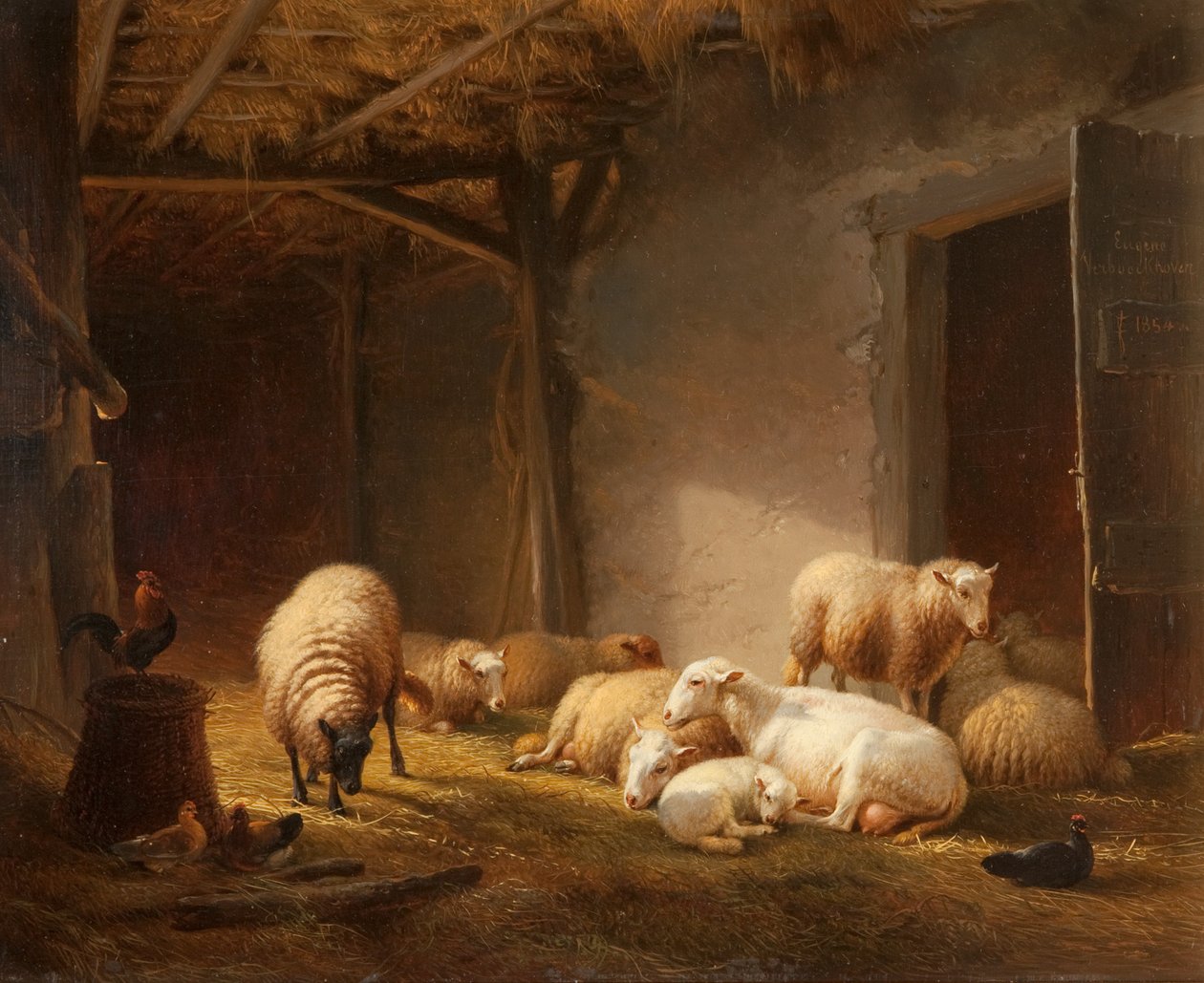 Um celeiro iluminado pelo sol com ovelhas, cordeiros e galinhas de Eugene Joseph Verboeckhoven