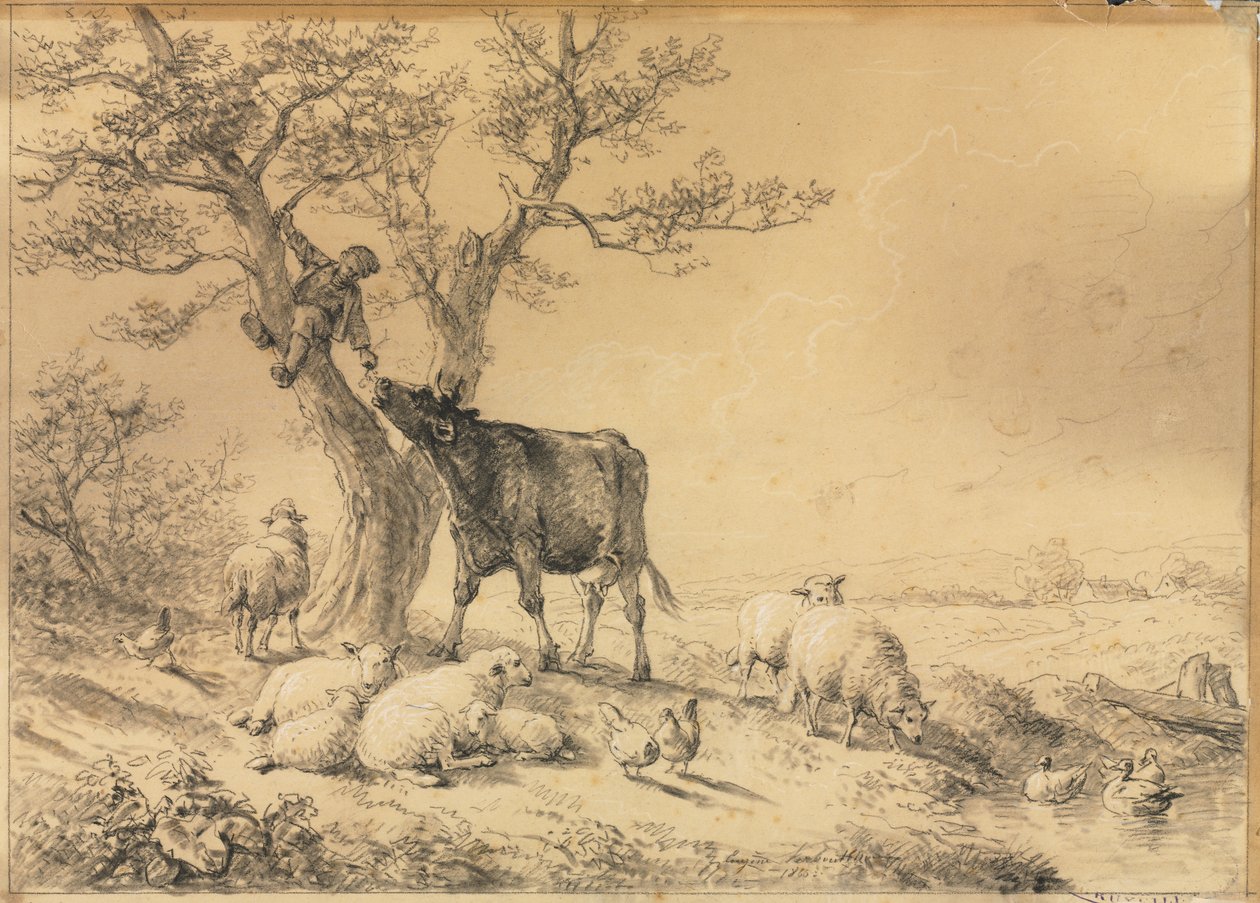 Paisagem com animais e menino na árvore, 1866. de Eugene Joseph Verboeckhoven