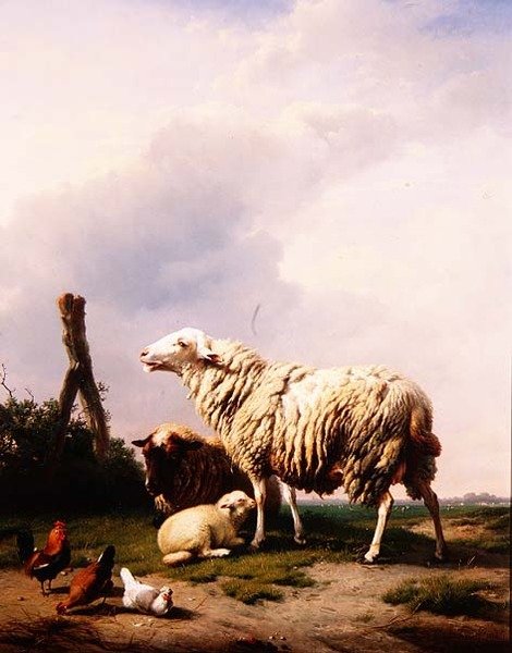 Ovelhas e Aves em Paisagem de Eugene Joseph Verboeckhoven
