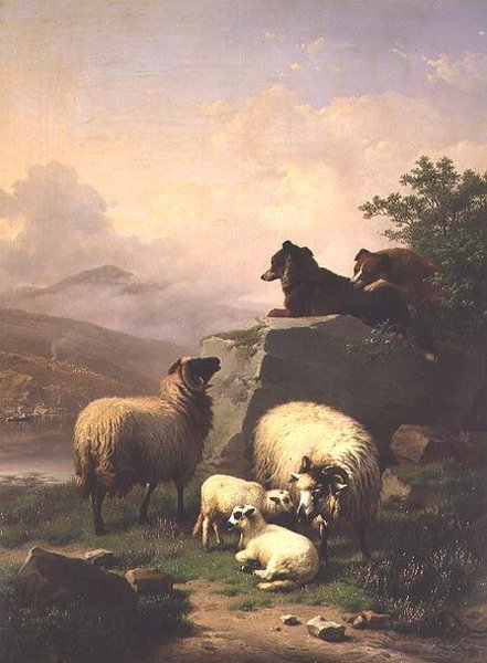 Ovelhas e cordeiros com dois cães em uma paisagem fluvial de Eugene Joseph Verboeckhoven