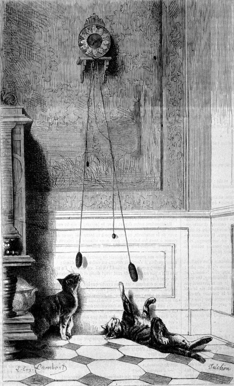 Dois gatinhos a brincar com um relógio. Ilustração de Eugene Lambert. Gravação. de Eugene Lambert