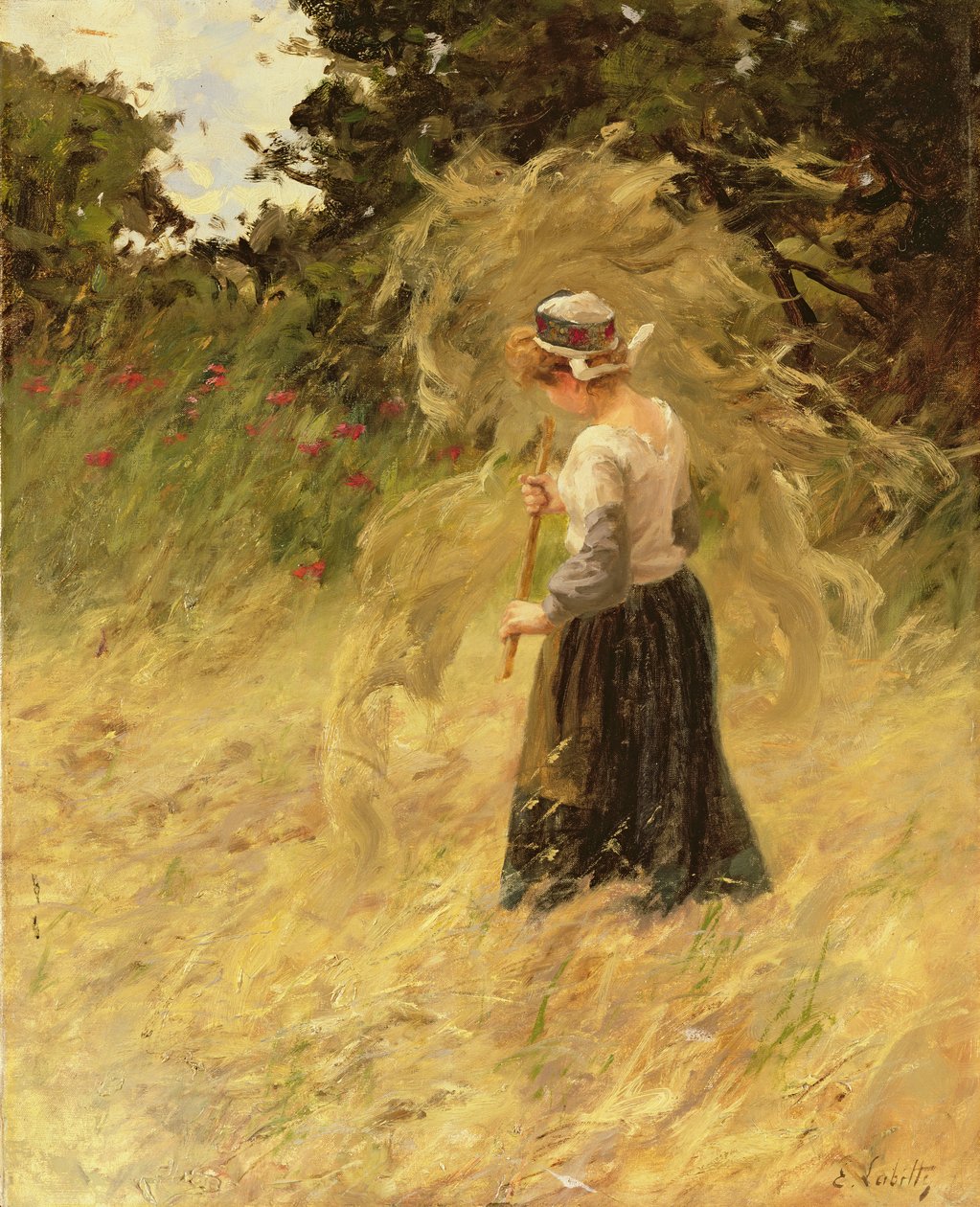 Uma menina, colheita, feno, 19o século de Eugene Leon Labitte