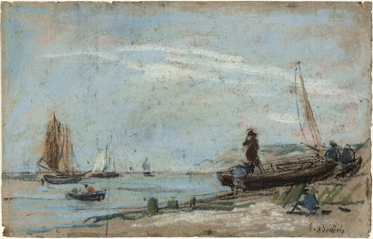 Praia com Barcos de Pesca e Carvão de Eugene Louis Boudin