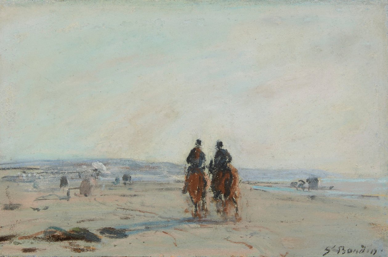 Dois Cavaleiros na Praia, c.1864-68 (pastel sobre papel colocado no papel) de Eugene Louis Boudin