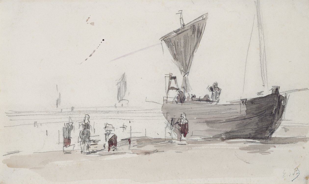 Barco de pesca na praia (lápis e wc no papel) de Eugene Louis Boudin