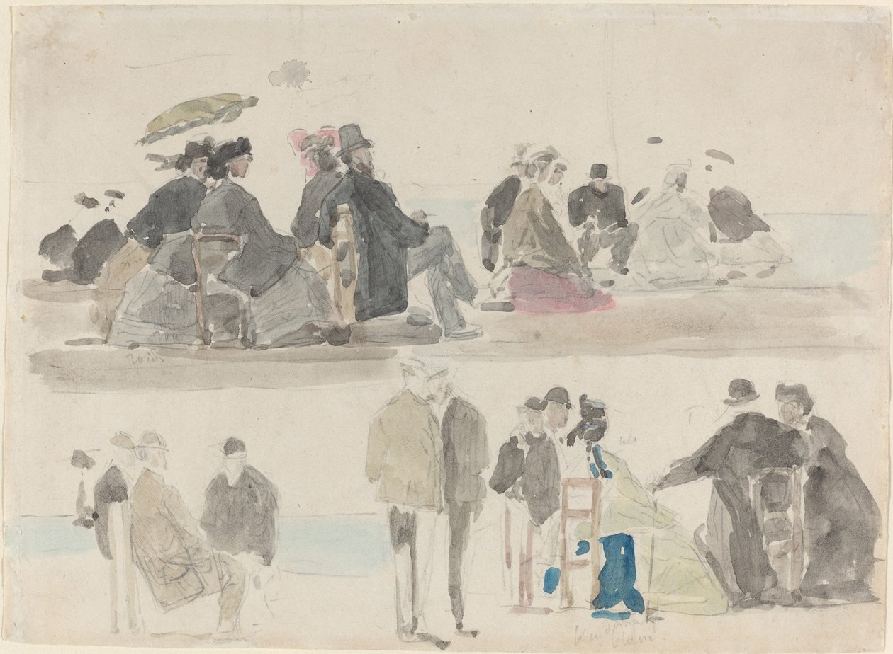 Senhoras e senhores na praia, em dois registros, c. 1865. de Eugene Louis Boudin