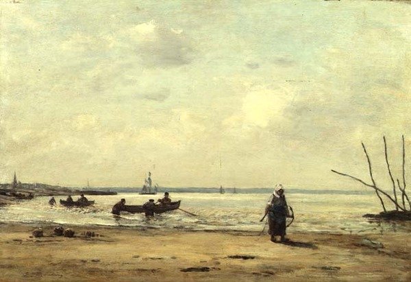 Maré baixa perto de Honfleur, c.1864-66 (óleo sobre painel) de Eugene Louis Boudin