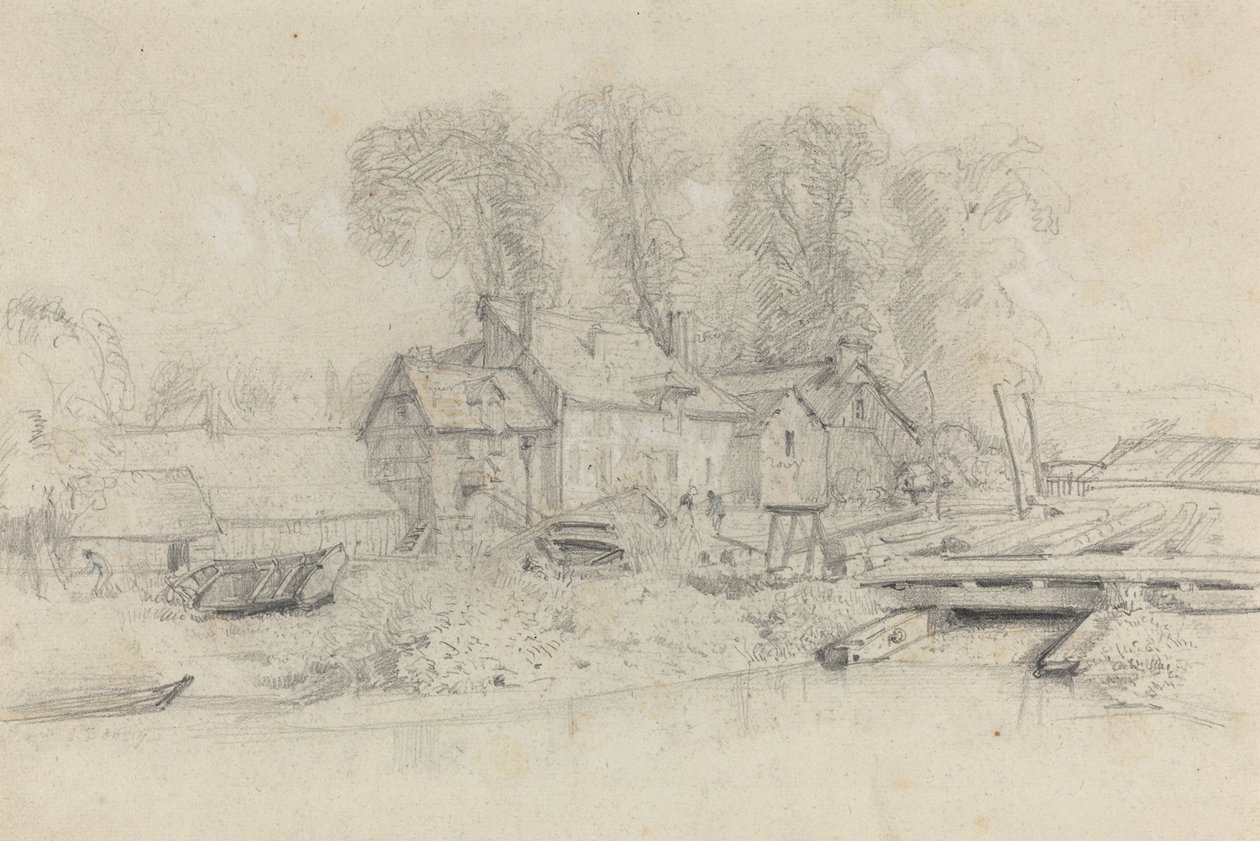 Paisagem fluvial com edifícios, barcos e figuras, c. 1858. de Eugene Louis Boudin