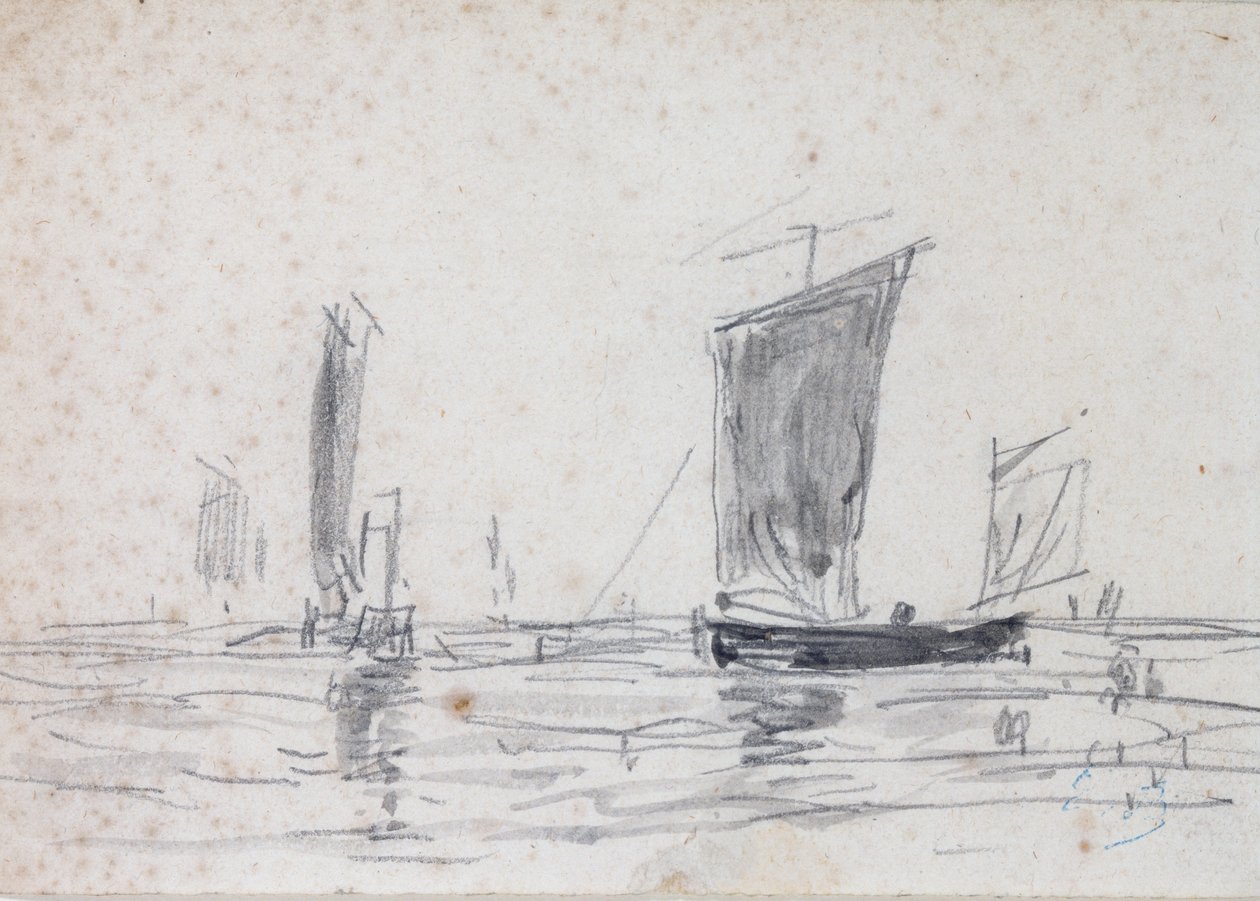 Barcos à Vela no Mar (lavagem e grafite sobre papel) de Eugene Louis Boudin