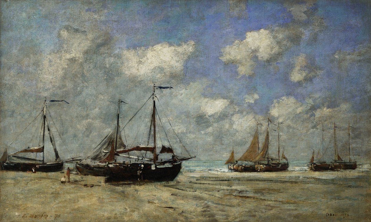 Scheveningen, barcos encalham na praia; Scheveningen, Bateaux Echoues sur la Greve, 1875 de Eugene Louis Boudin