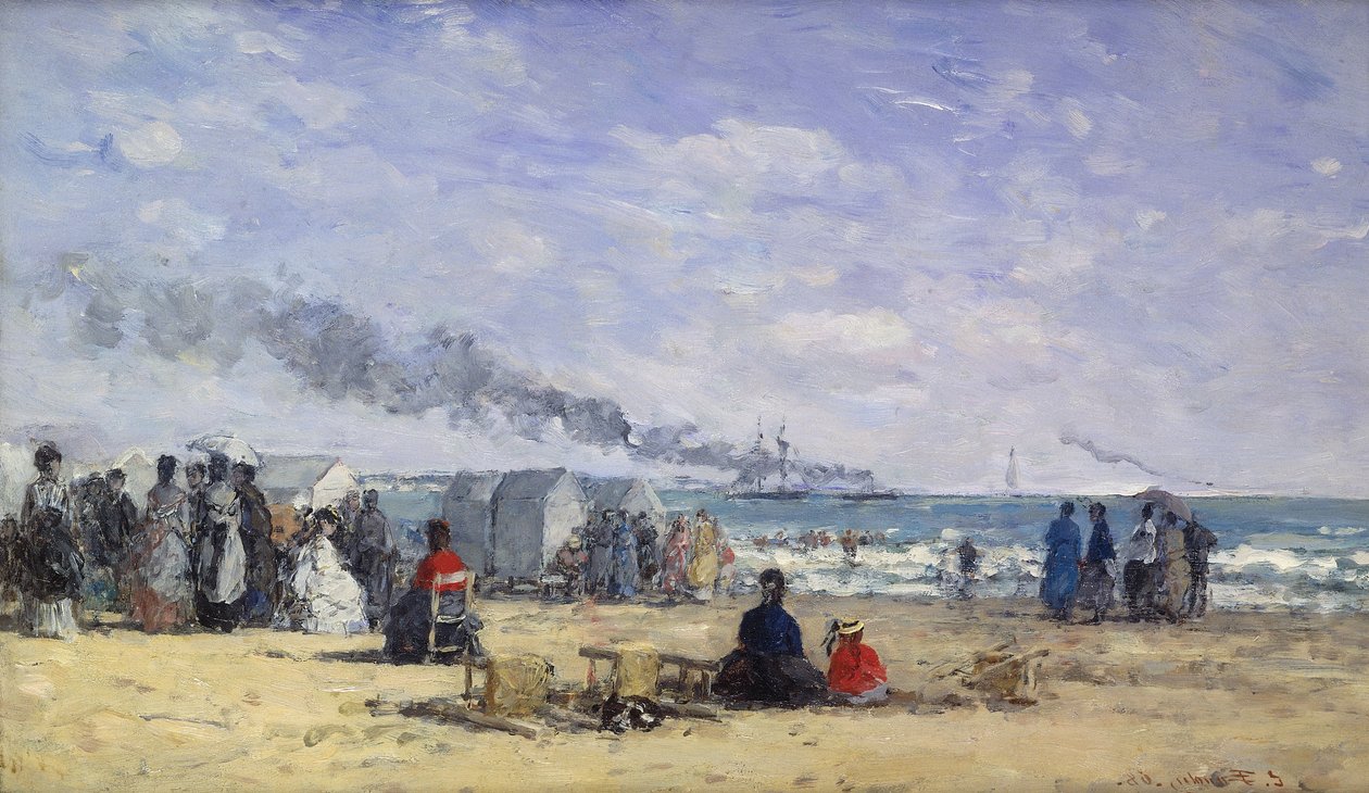 A praia de Trouville na hora do banho; Praia de Trouville em "Heure du Bain, 1868 de Eugene Louis Boudin