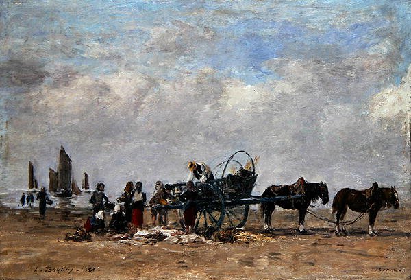 O Carrinho de Peixe, Berck, c.1880 (óleo sobre tela colocado sobre painel) de Eugene Louis Boudin