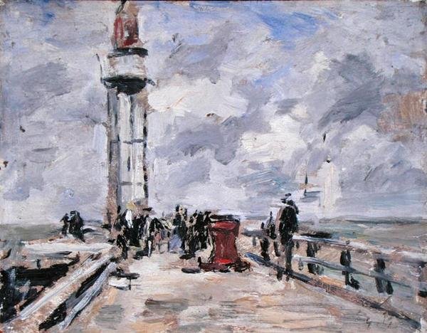 O Jetty and Lighthouse em Honfleur, c.1885-90 (óleo sobre painel) de Eugene Louis Boudin