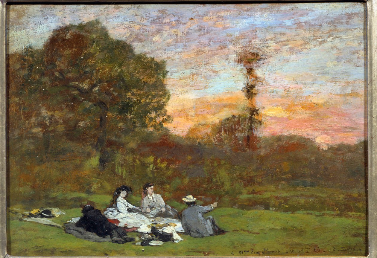 O pequeno-almoço na relva "Pintura de Eugene Louis Boudin (1824-1898) 1866 Sun. 0,17x0,25 m Paris, Musee d