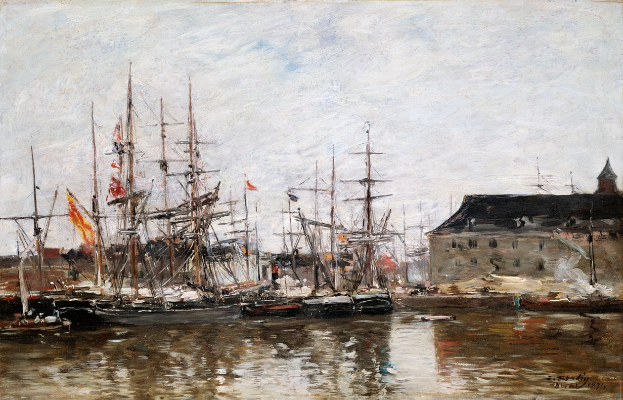 Três Mestres em Dock, Antuérpia, 1871 de Eugene Louis Boudin