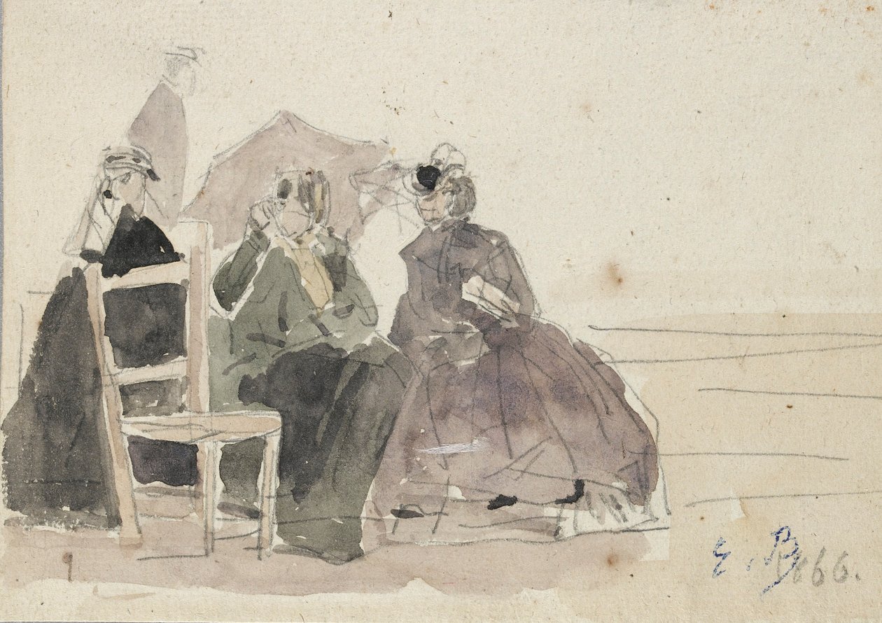 Três mulheres sentadas em cadeiras numa praia, no final do século XIX de Eugene Louis Boudin