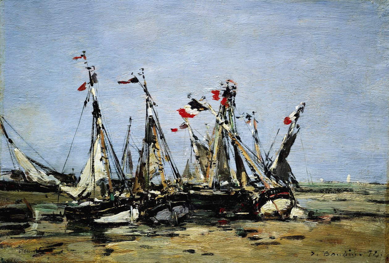 Trouville (França), à espera da maré, barcos de pesca na praia, decorados com bandeiras francesas, comemorando a Revolução Francesa de 1789 de Eugene Louis Boudin