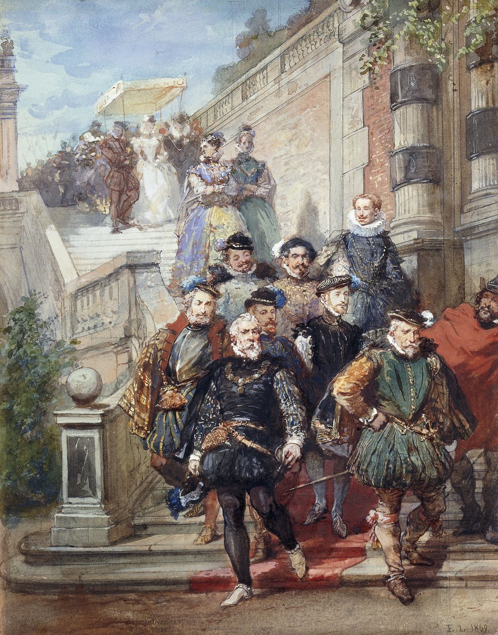 Uma procissão real descendo uma escada em um jardim, 1869 de Eugene Louis Lami