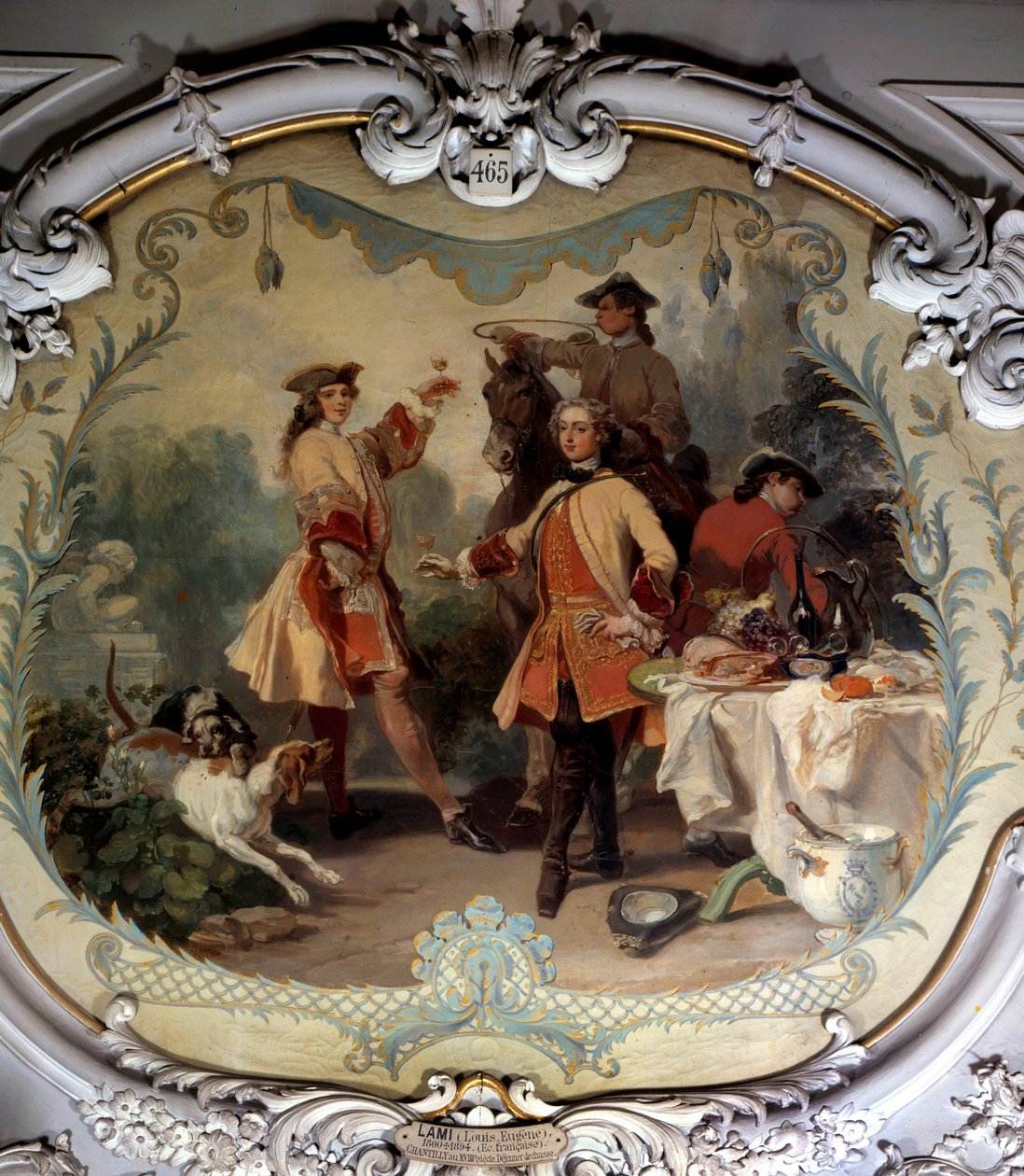 Um almoço de caça no século XVIII Pintura de Eugene Louis Lami (1800-1890) Chantilly do século XIX, Musee Conde de Eugene Louis Lami
