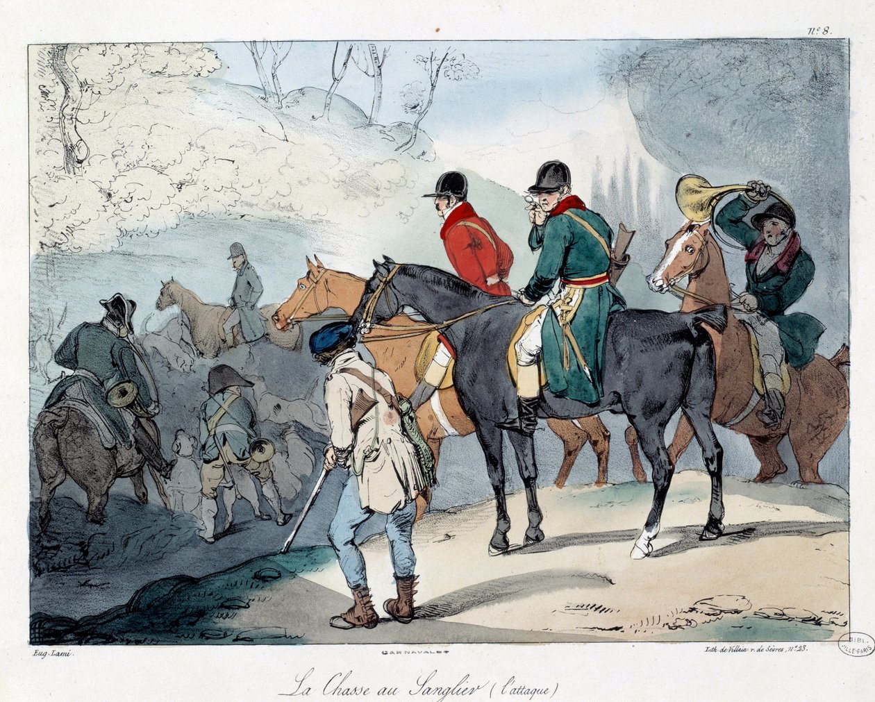 Caça ao javali. Ilustração do livro "La vie de chateau". Gravura de Eugene Louis Lami (1800-1890) de Eugene Louis Lami
