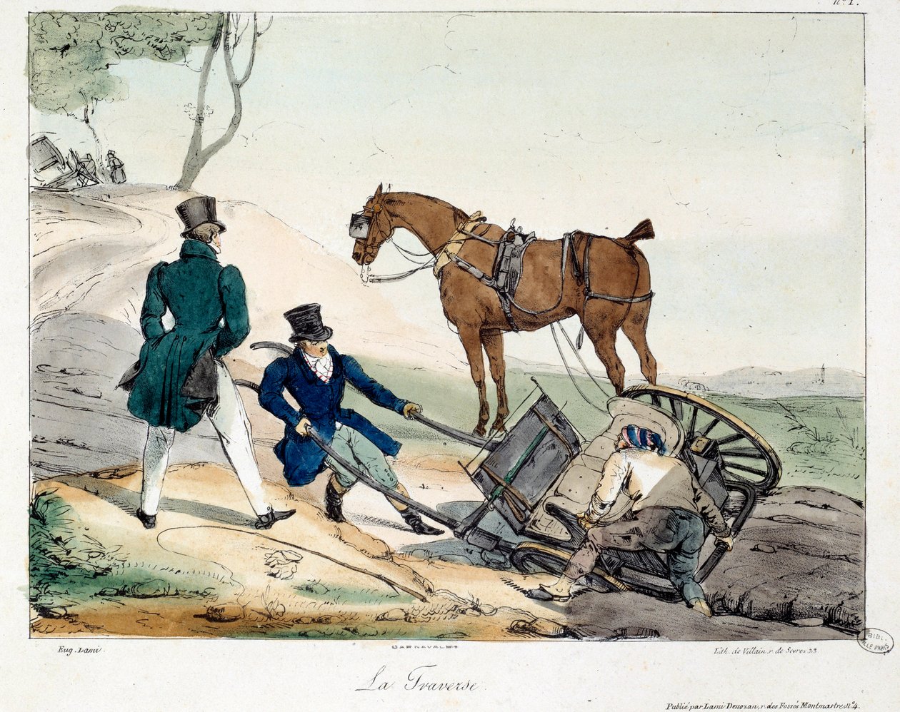 Acidente de carroça causado pelo trilho. Ilustração do livro "La vie de chateau". Gravura de Eugene Louis Lami (1800-1890) de Eugene Louis Lami