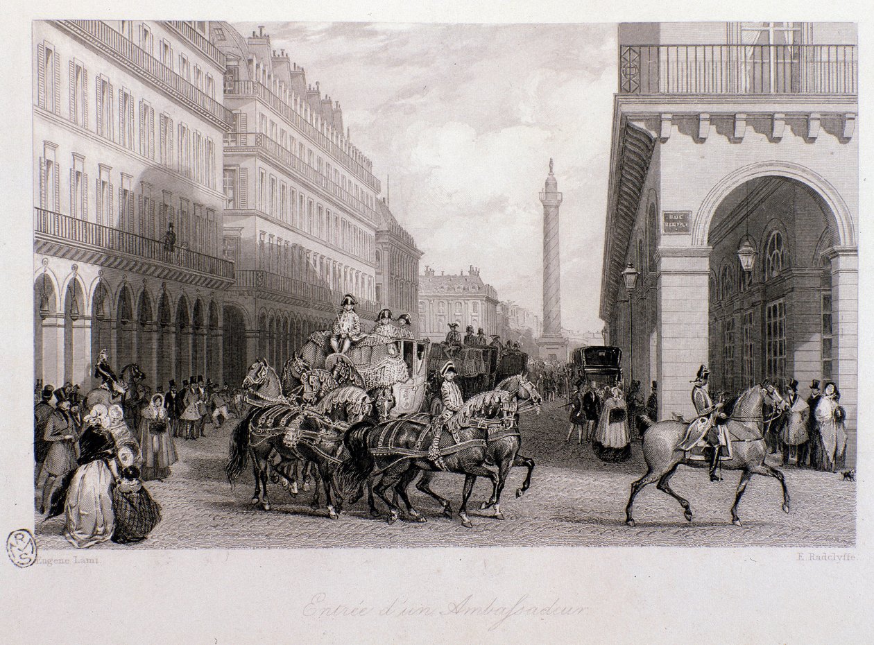 Cortejo de um embaixador na Place de la Bourse na sua chegada a Paris. Gravura de Eugene Louis Lami (1800-1890) 1843 Coleção particular de Eugene Louis Lami