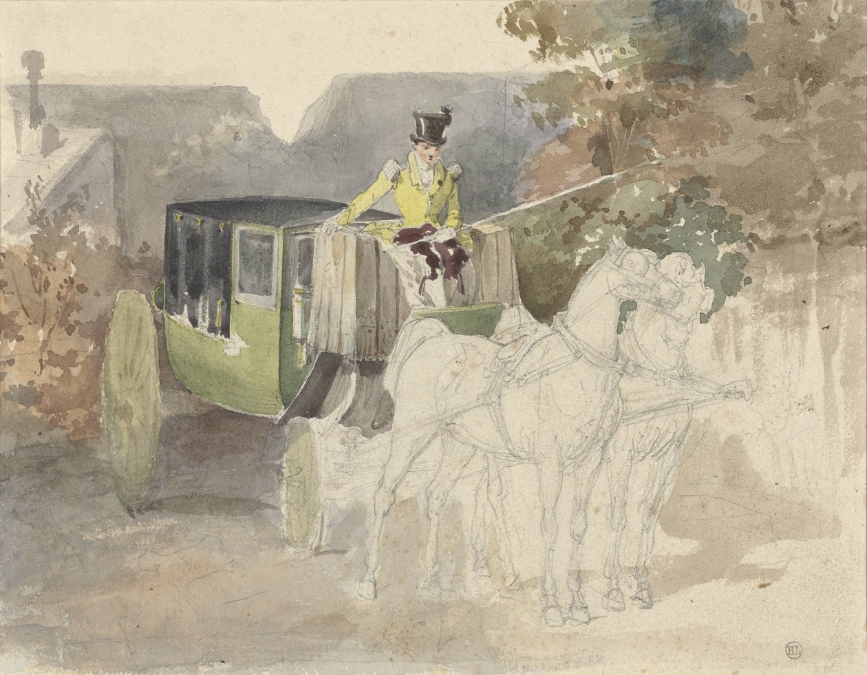 Coupé com dois cavalos, em área arborizada de Eugene Louis Lami