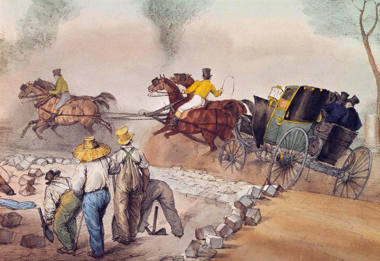 Passageiros do pó Trabalhadores a arremessar as ruas. Litografia de Eugene Louis Lami (1800-1890) Paris do século XIX, Musee Carnavalet de Eugene Louis Lami