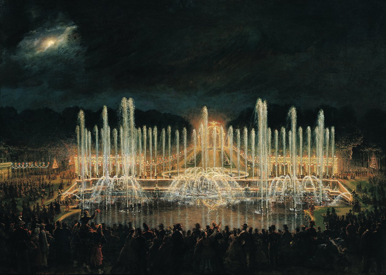 Indicador de fonte iluminada na Bassin de Neptune em honra do Príncipe Francisco de Assis de Bourbon (1822-1902) 21 de agosto de 1864 de Eugene Louis Lami