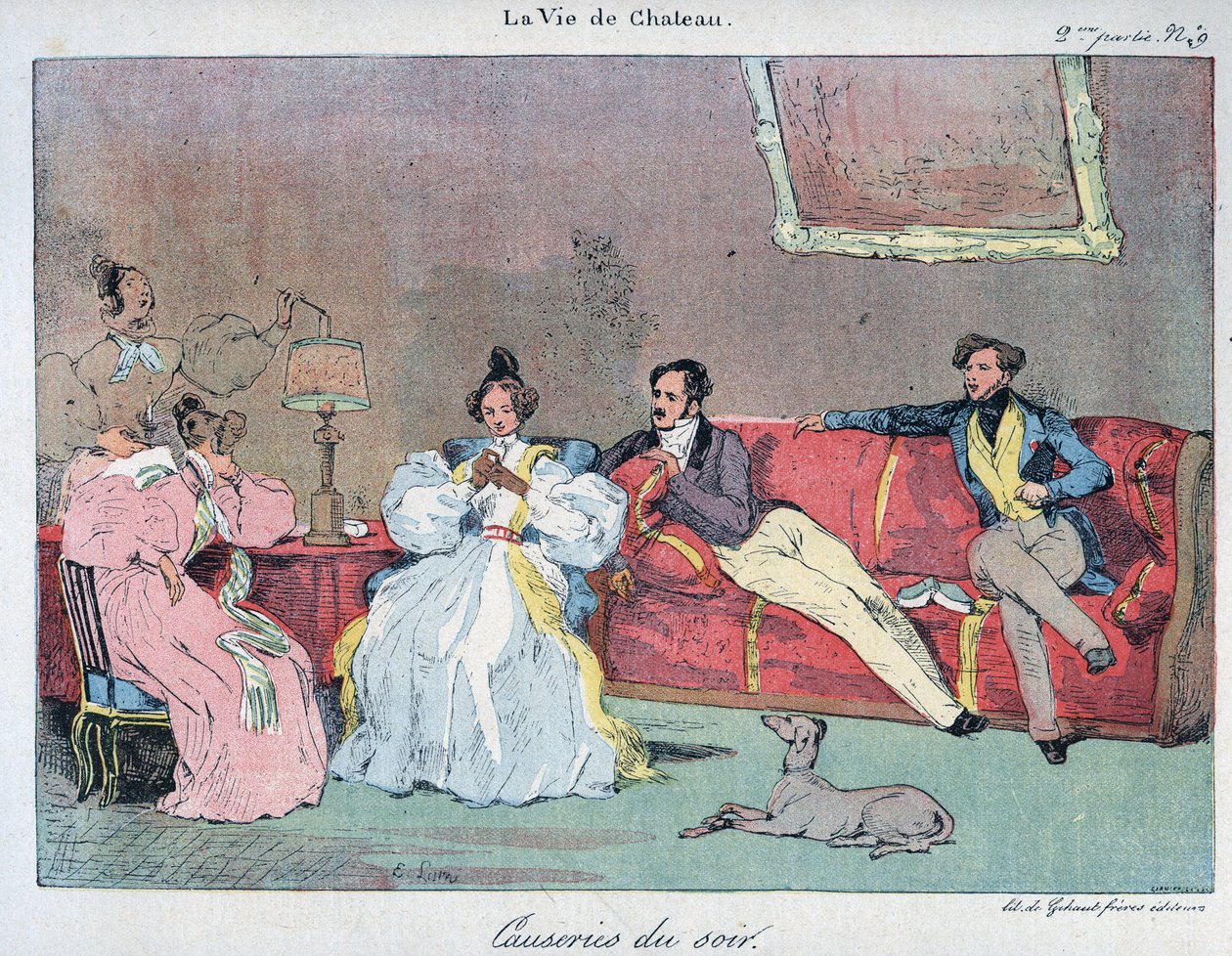 La Vie de chateau - Conversas noturnas - Ilustração de Eugene Lami (1800-1890) Em "LE-RIRE" de 1885 de Eugene Louis Lami